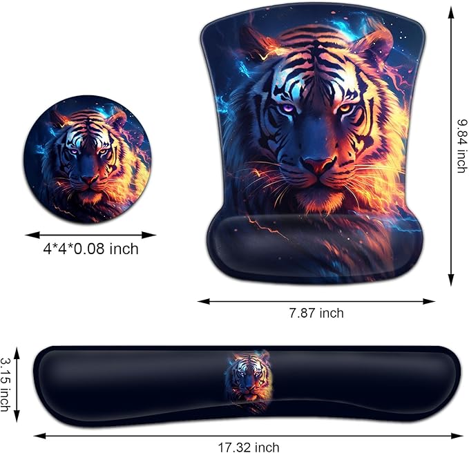 Keyboard Wrist Rest and Mouse Pad Wrist Support Set Ergonomic Gel Mouse Pad Wrist Rest with Non-Slip Base for Home Office Desk Pad Easy Typing Mystic Tiger Nebula Pattern Black Gaming Mouse Mat