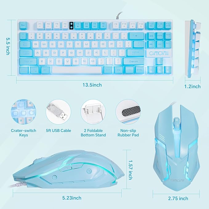 CHONCHOW Blue Keyboard and Mouse Combo 87 Keys TKL USB Wired LED Light Up Backlit Keyboard 800-3200 DPI RGB Mouse Blue Mouse and Keyboard Combo for PS4 PS5 PC Laptop Mac Computers
