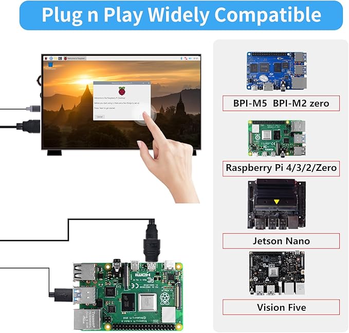 GeeekPi 10.1 Inch Capacitive Touchscreen Display 1024x600 IPS LCD with Dual-Speaker HDMI Portable Monitor for Raspberry Pi 5/4B/3B+/3B/B+/Zero/400 Win11/10/8/7 Free-Driver