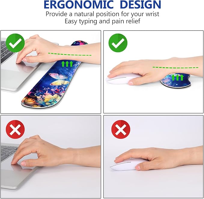 DINKY Keyboard Mouse Pad Set Large Gaming Mousepad + Memory Foam Ergonomic Keyboard Wrist Rest Support Easy Typing Pain Relief 4Pcs (35.4 x 15.7) Extended Desk Mat-Butterflies