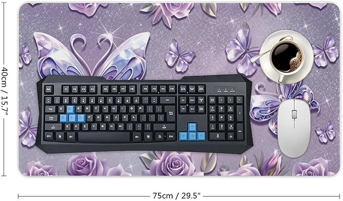 Purple Butterflies Roses Mouse Pad Large Desk Mat Extended Keyboard Mouse Pad with Non-Slip Base and Stitched Edge Mouse Mat Desk Pad 30x16 Mouse Pads for Desk Home Office Gaming