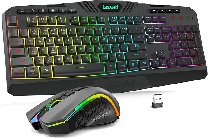 Redragon S101M-KS Gaming Keyboard and Mouse Wireless with Tri-Mode RGB Keyboard and 4800 DPI Gaming Mouse 10 Independent Multimedia Keys for Wins PC Computer Wireless S101 Ideal for Gamer