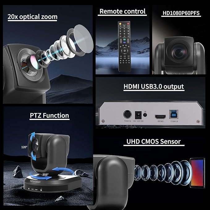 PTZ Camera with 20X Optical Zoom Full HD 1080P60fps HDMI Camera for Conference Rooms Church Events Streaming &amp Video Calls | Compatible with Zoom Skype OBS | Easy Setup