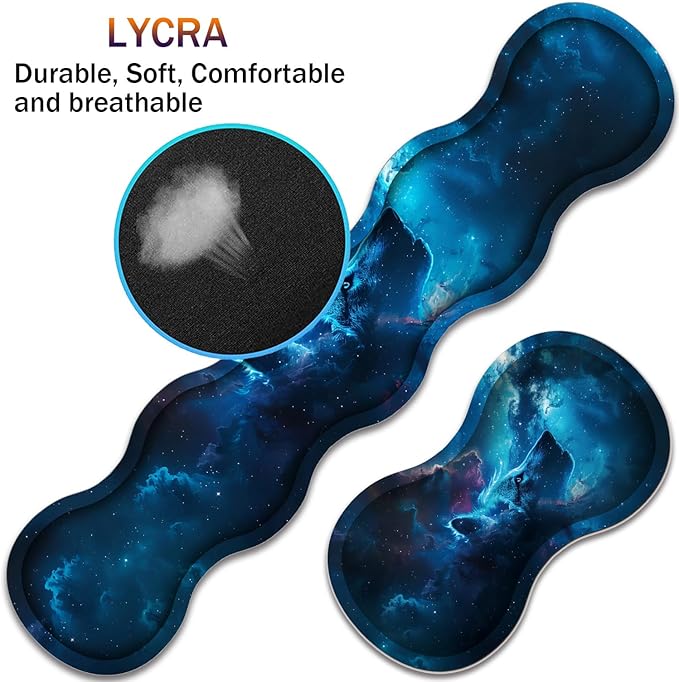Large XXL Gaming Desk Mat 31.5x 11.8 Ergonomic Keyboard Wrist Rest &amp Mouse Pad Wrist Rest + Coaster Set Non-Slip Base Memory Foam Office and Home Nebular Wolf