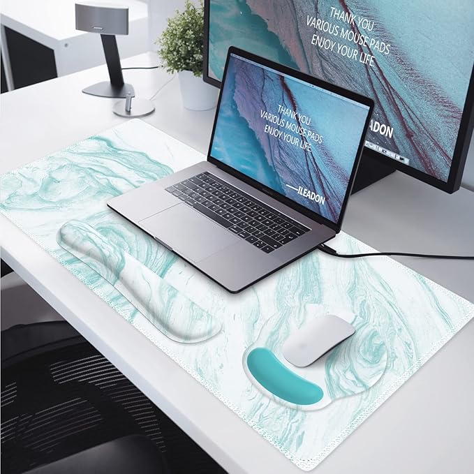iLeadon Keyboard Mouse Pad Set Large Gaming Mouse Pad + Keyboard Wrist Rest + Mouse Pad with Wrist Support + Coaster Easy Typing Pain Relief 4in1 Desk Mat Set for Home Office Teal Turqoise Marble