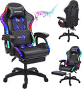 Gaming Chair with Massage and Footrest Ergonomic Computer Chair Video Gaming Chair with Speakers and LED Lighting High Back Racing Chair with Headrest and Lumbar Pillow.Black