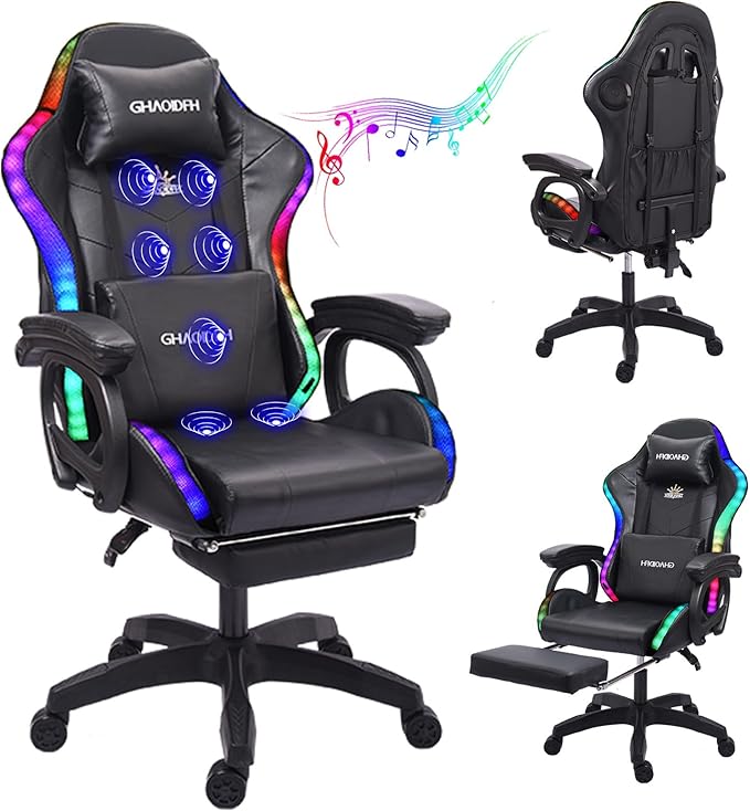 Gaming Chair with Massage and Footrest Ergonomic Computer Chair Video Gaming Chair with Speakers and LED Lighting High Back Racing Chair with Headrest and Lumbar Pillow.Black
