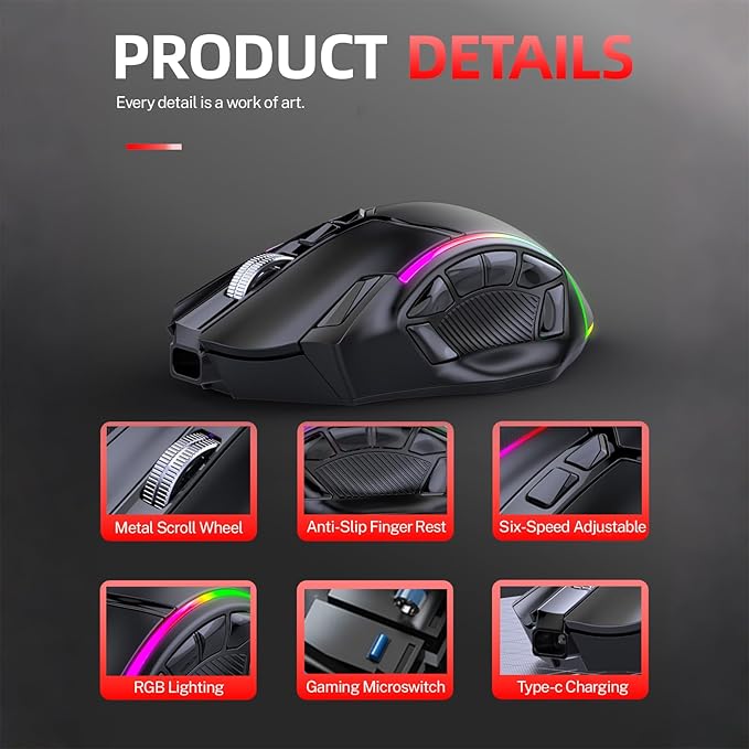 Wireless Gaming Mouse Tri-Mode 2.4G/Bluetooth/USB-C 24000 DPI 12 Programmable Buttons 500mAh Rechargeable Battery 7 RGB Lighting Modes On-Board Memory for Laptop/PC/Mac (Black)