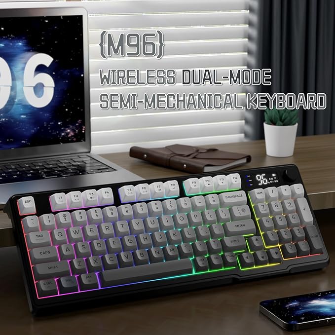 LexonElec M96 Wireless Keyboard Low Profile Quiet Typing Membrane Gaming Keyboard with Smart Display &amp Knob RGB Backlit USB C Rechargeable 94 Keys PBT Keycap for Windows PCMacLinux-Moonlit N