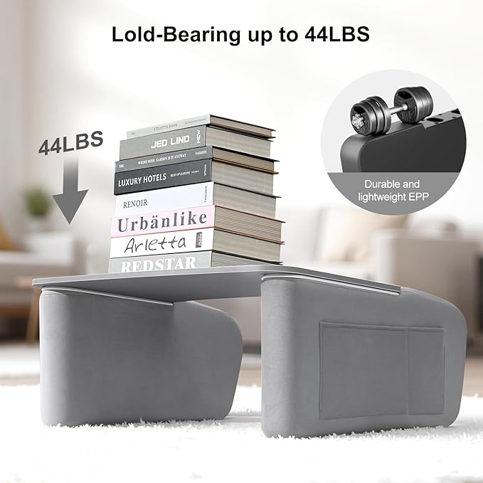 Reading Pillow for Gaming with Ergonomic Arm Rests Wooden Lap Desk for Laptop Support Pillow with Side Pockets for Reading Writing Working Gaming on Bed Couch or Floor (Gray Large)