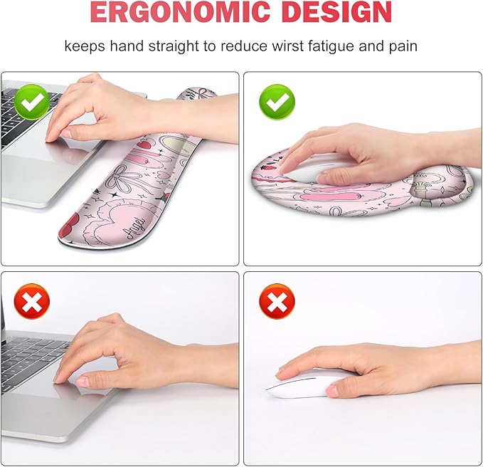 Gaming Mouse Pad Large Desk Mat Cute Desk Pad Protector 4in1 XXL Mousepad + Keyboard Wrist Rest+Mouse Wrist Rest+Coaster Set with Ergonomic Desk Pad for Home Office Computer Adorable Rose Bow