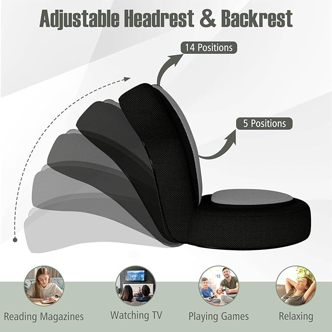 GOFLAME Folding Floor Chair Lazy Sofa Chair with Adjustable Headrest &amp Backrest Sponge Padded Seat Cushion Portable Floor Gaming Chair for Adults Teens Grey