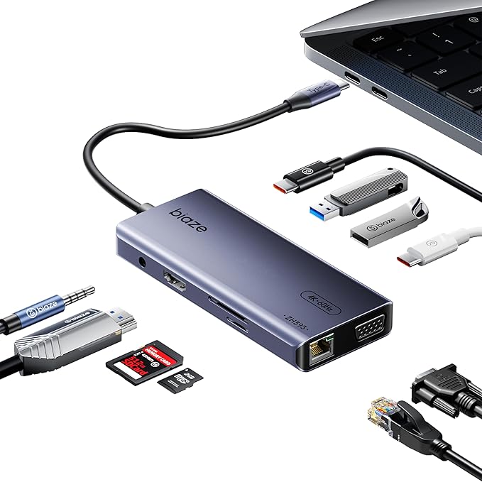10-in-1 USB C Hub Multiport Adapter 4K60Hz HDMI &amp VGA 100W PD Charging Gigabit Ethernet USB 3.0 SD/TF Card Reader 3.5mm Audio for MacBook iPad Dell HP and More Type C Laptops