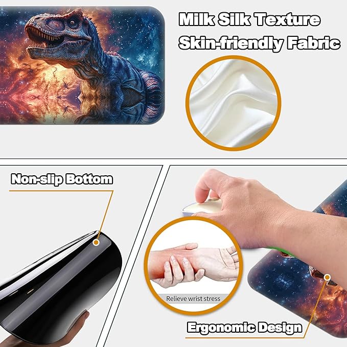 Desk Pad Large Game Mouse Pad + Small Mouse Pad + Wrist RestErgonomic Mouse PadTable Mat with Stitched EdgeAnti-SlipMemory Foam Desk Mat for Home Office Gaming(23.6×11.8in)Galaxy Dinosaur