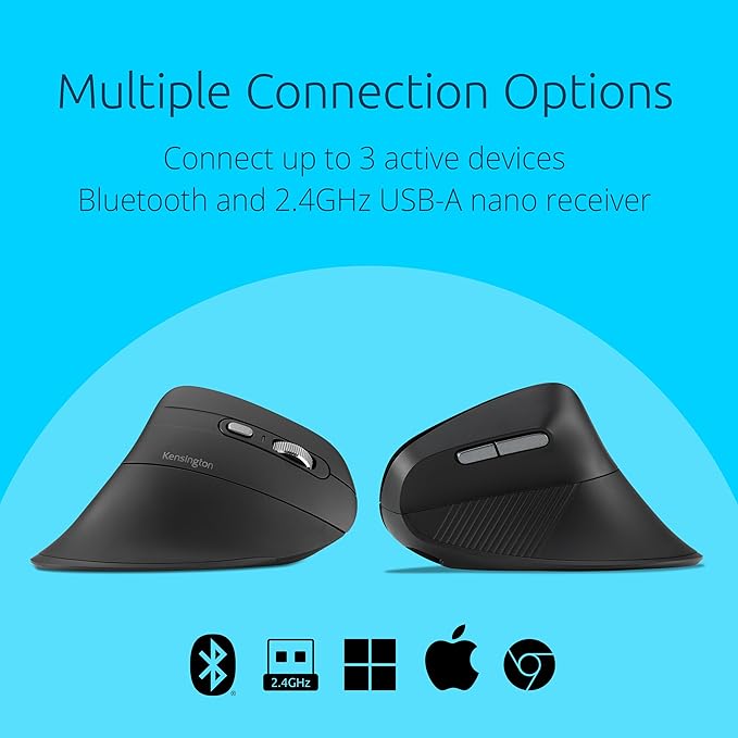 Kensington MY630 EQ Wireless Rechargeable Mouse Ergonomic Vertical Design Bluetooth LE 2.4GHz Black (K72484NA)