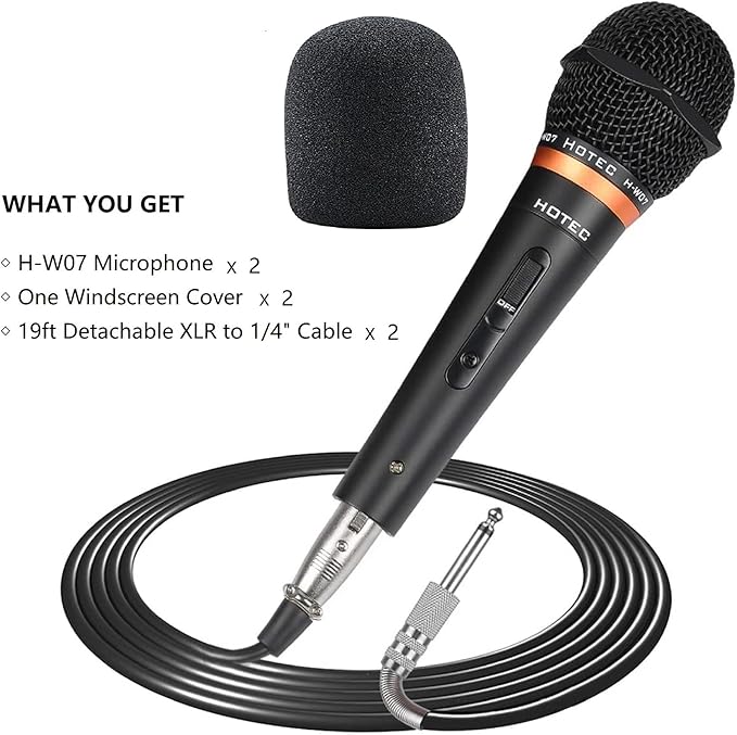 HOTEC Premium Wired Vocal Dynamic Handheld Microphones - Includes 19ft Detachable XLR Cable and ON/Off Switch - 2 Pack Metal Black