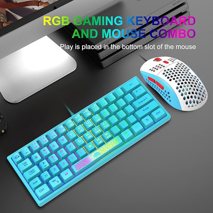 60% Gaming Keyboard and Mouse Combo Samll Mini RGB Backlight Mechanical Feeling and Honeycomb Optical Mouse Mouse pad for Gamers and Typists
