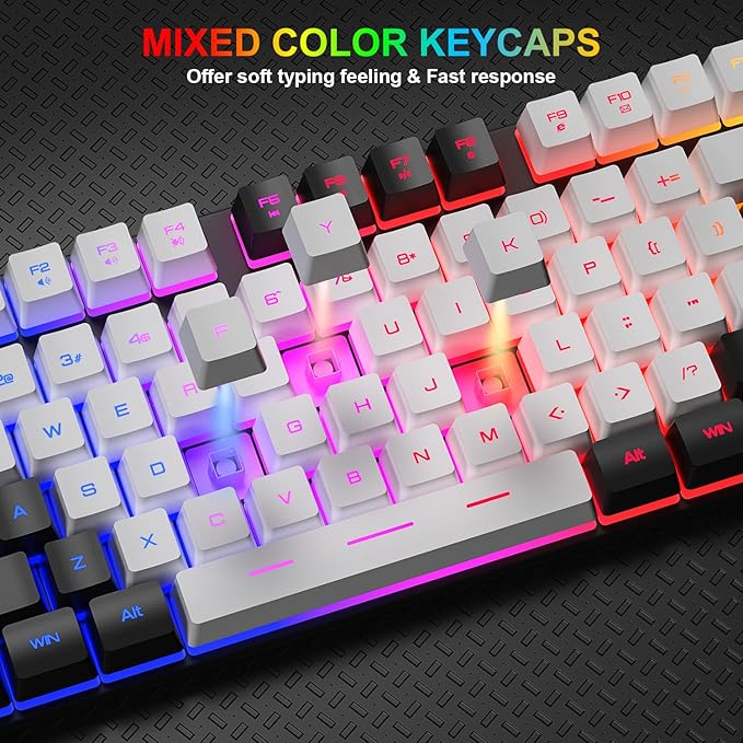 BlueFinger RGB Gaming Keyboard and Backlit Mouse Combo USB Wired LED Gaming Set for Laptop PC Computer Game and Work (Black &amp White)
