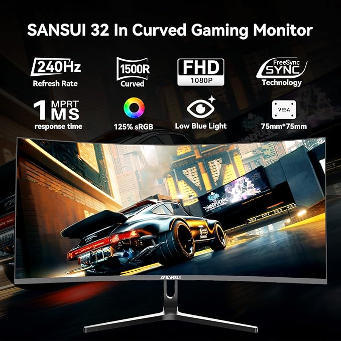 SANSUI 32 Inch Curved 240Hz Gaming Monitor High Refresh Rate FHD 1080P Gaming PC Monitor HDMI DP1.4 Curved 1500R 1Ms MPRT HDRMetal StandVESA Compatible(DP Cable Incl.)