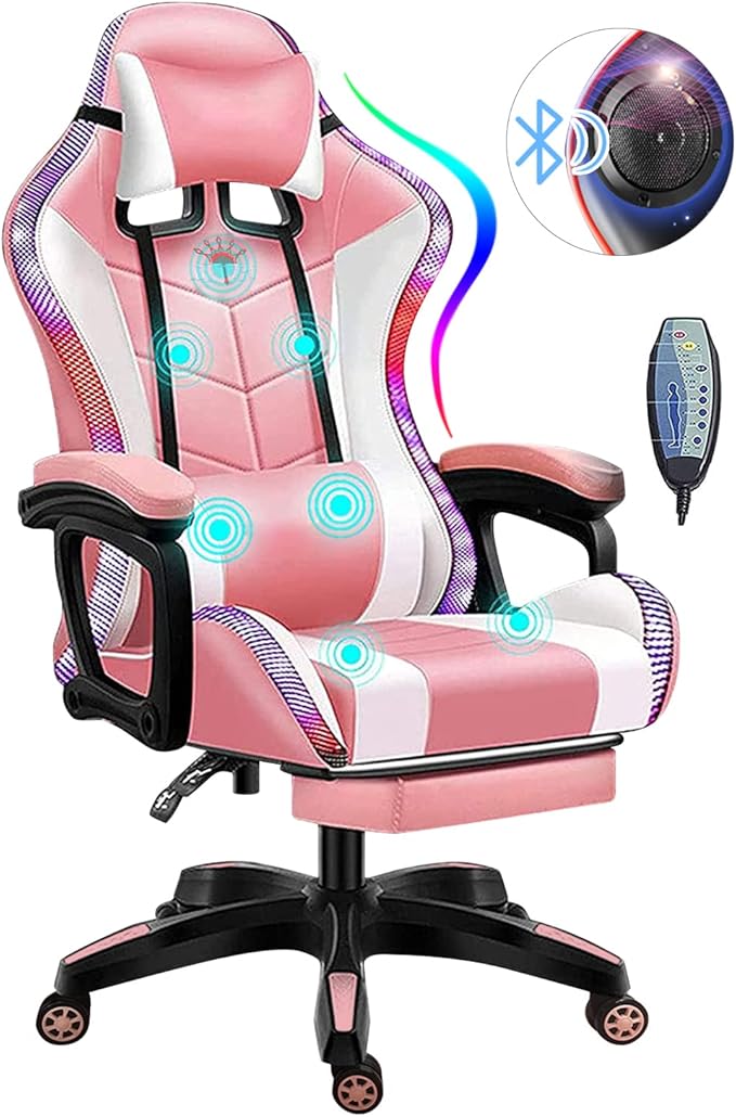 Ergonomic Video Game Chair with Speakers and LED Light Gaming Chair with Footrest and Massage Office Chair Reclining Computer Chair PU Leather Chair with Adjustable Backrest and ArmrestPink