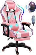 Ergonomic Video Game Chair with Speakers and LED Light Gaming Chair with Footrest and Massage Office Chair Reclining Computer Chair PU Leather Chair with Adjustable Backrest and ArmrestPink