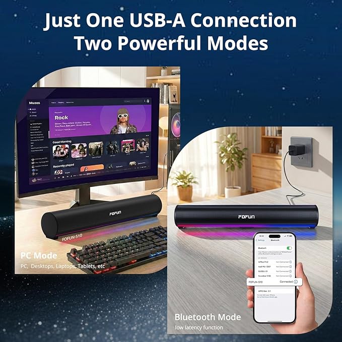 Computer Sound Bar with Detachable ENC Microphone Enhanced Bass Gaming Soundbar Bluetooth 6.0 USB-A Plug and Play PC and Bluetooth Mode 3EQ 10 RGB Speaker for Gaming MusicMeeting