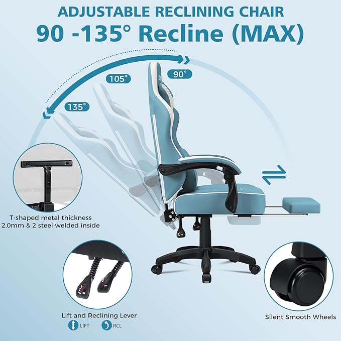 HOFFREE Gaming Chair Computer Chair with Pocket Spring Cushion Massage Game Chair with Footrest Ergonomic High Back Computer Gaming Chairs for Adults Adjustable Swivel Gamer Chair Stone Blue and White