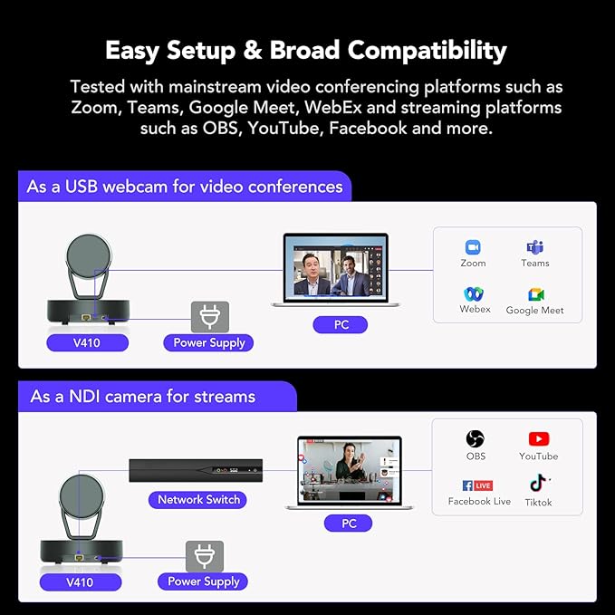 NEARITY V410 NDI PTZ Camera 2K 10x Hybrid Zoom Video Conference Webcam AI-Powered Noise Cancellation 4 Preset Positions 350° Pan&amp60° Tilt 120° FOV Remote Control for Zoom/Teams/Google Meet