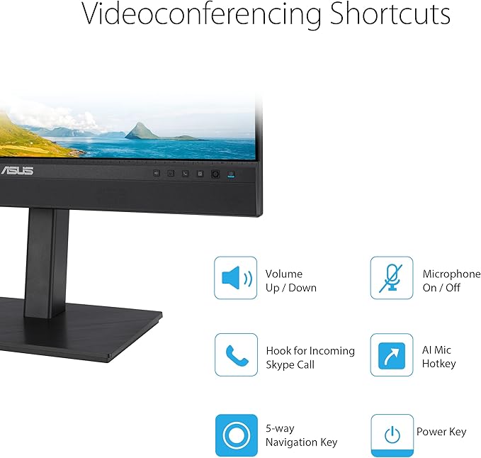 ASUS 24” 1080P Video Conferencing Monitor (BE24ECSNK) - Full HD IPS Built-in Adjustable 2MP Webcam AI Noise-canceling Mic Eye Care USB-C Docking RJ45 Height Adjustable HDMI Zoom Certified