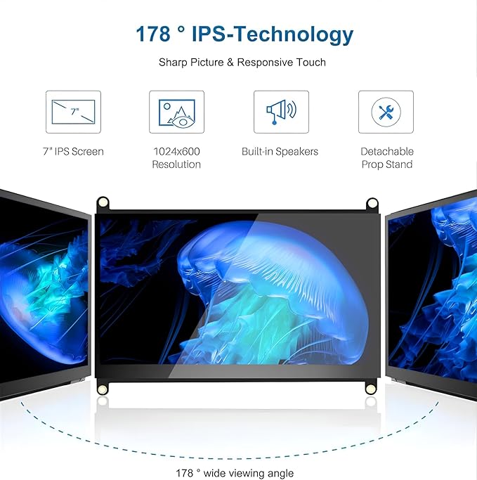 7 Inches Touchscreen Monitor HD 1024×600 IPS LCD Capacitive Touch Screen Compatible with R Pi 4B/3B+/3B/2/1B+/Zero Ora Pi 5 Por/3 Plus/3B/4B Ban Pi and Windows 10/8/7 (CX-070-A3 US) 1