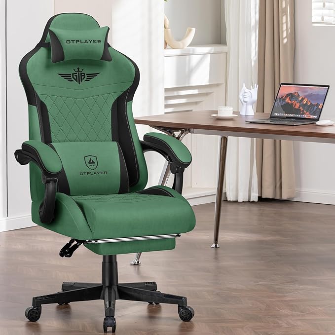 GTPLAYER Gaming Chair Video Game Chairs with Footrest and Lumbar Support Computer Chair for Adults with Extended Backrest Ergonomic Reclining Silla Gamer Fabric Green