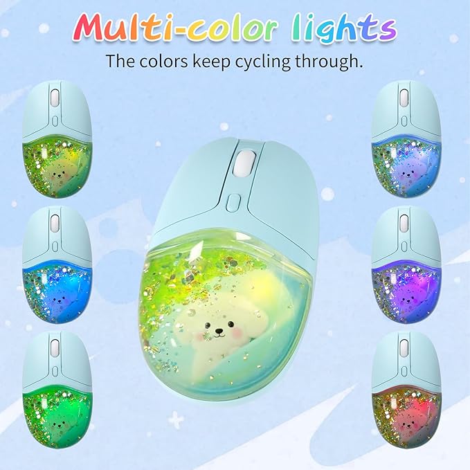 elec Space Wireless Bluetooth Mouse -Cute Clear Aqua Design Glitter Liquid Sand Water Mouse with Optical Precision Silent Clicks LED Breathing LightTransparent Retro Style for Home Office (Green)
