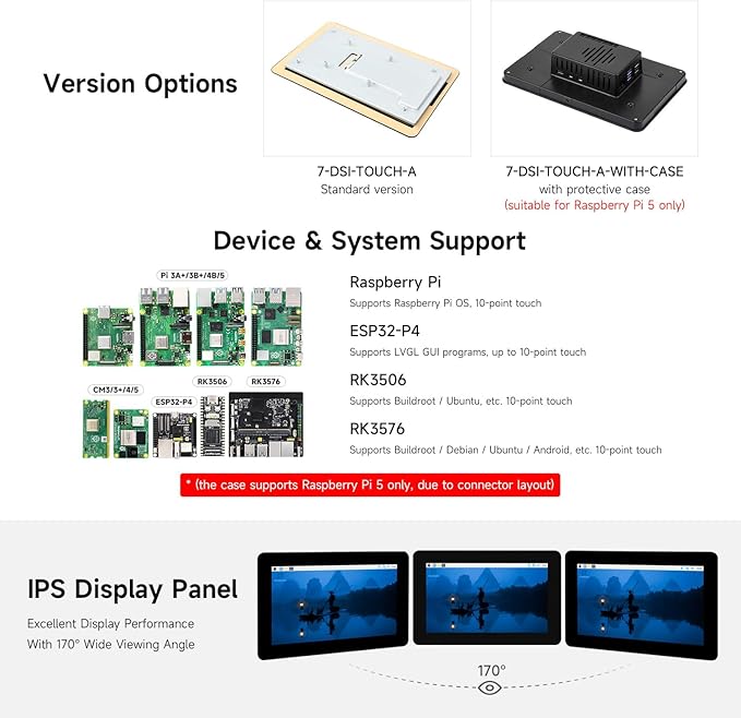 Waveshare 7inch DSI Capacitive Touch Display 720×1280 Pixels IPS Panel Optical Bonding Toughened Glass Panel 10-Point Touch Anti-Fingerprint Process Comes with Protective Case
