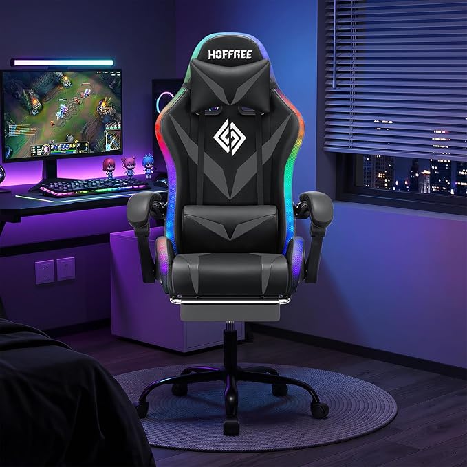 RGB Gaming Chair with Massage and LED Lights Ergonomic Video Game Chairs with Footrest High Back Reclining Computer Chair with Adjustable Lumbar Support Grey and Black