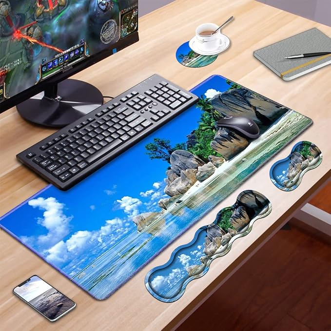 Ergonomic Keyboard Wrist Rest &amp Mouse Pad Wrist Rest Set Large XXL Gaming Desk Mat 31.5x 11.8Non-Slip Base Memory FoamEasy Typing Pain Relief for Office &amp Home Beaches Scene France Seyc