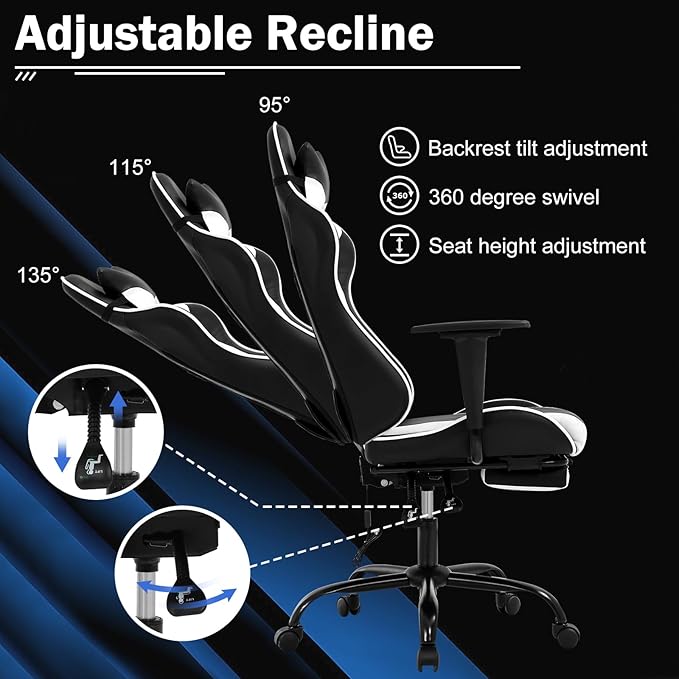 Massage Gaming Chair - Ergonomic PC Racing Office Chair with Lumbar Support Headrest Armrest Footrest - Black Heavy Duty PU Leather Recliner for Adults Gamer (White)