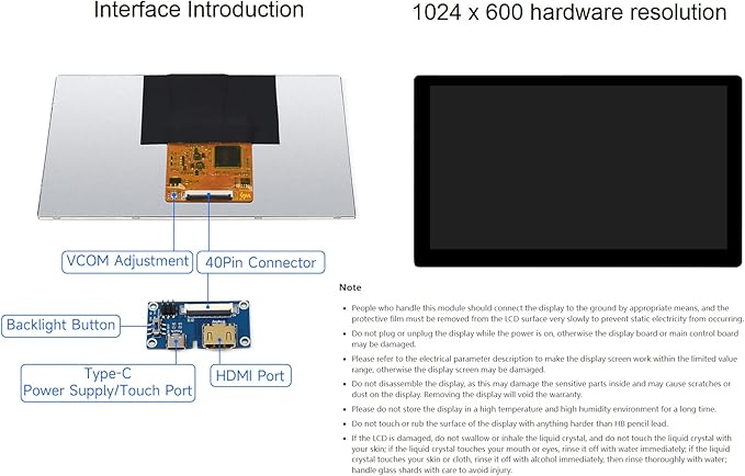 waveshare 1024 × 600 Resolution 7inch IPS Display Integrated Thin and Light Touch Screen for Raspberry PiJetson NanoWindows PCSupport Windows/Linux/Android System170° Wide Viewing Angle