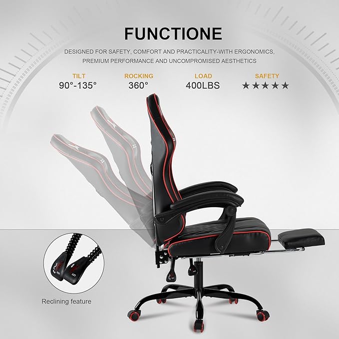 Vedio Gaming Chair with Footrest Lumbar Support for Home Office High Back Recliner Height Adjustable Ergonomic Comfy Leather Computer Desk ChairRed