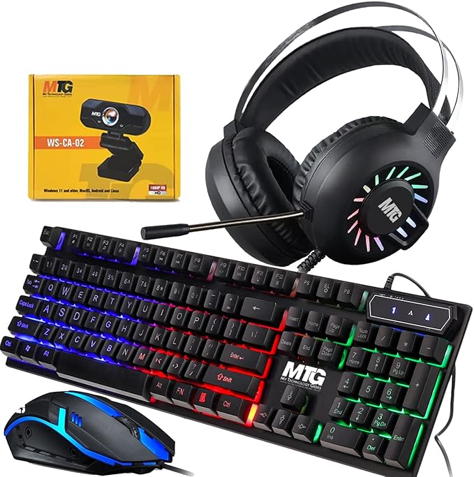 MTG RGB Backlit Mechanical Wired Gaming Keyboard and Mouse Full Anti-ghosting Keys with RGB Headphone and Webcam for Desktop PC Laptop Combo