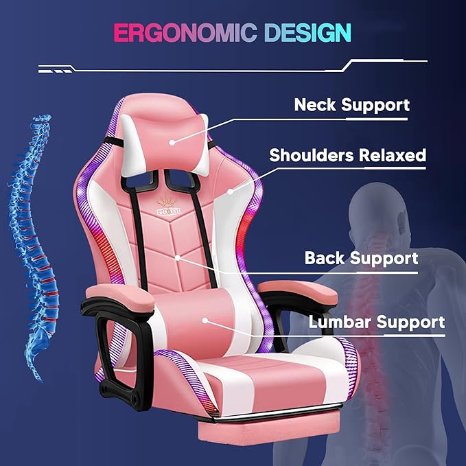 XOOFMASS Gaming Chair for Adults with LED Lights and Speakers Ergonomic Pro Video Game Chair with 7-Point Massage and Footrest Office Chair for Gaming/Office/WorkingWhite