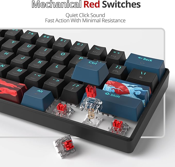 Protable 60% Percent Gaming Keyboard Mechanical Mini Compact Backlit 61 Keys Wired Office Keyboard with Red Switch for Mac/Win (Monstor Black/red Switch 61)