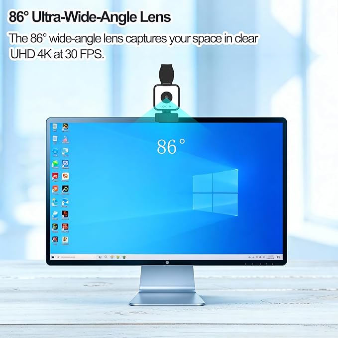4K USB Webcam with Dual Microphones 9X Hybrid Zoom Auto Light Correction 86° Wide Angle for Video Conferencing Live Streaming Remote Work Compatible with PC Desktop Laptop