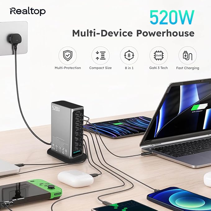 520W USB C Charging Station 8-Port GaN Fast Type C Charger Block Wall Charger Multiport Desktop Power Hub for MacBook Pro MacBook Air iPhone 16/15 iPad Samsung