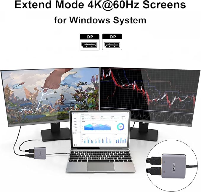 DisplayPort to Dual DP Adapter 8K@60Hz DP Splitter 1 in 2 Out Extended Display MST for Dual Monitors Compatible with PC Graphic Card NVIDIA AMD