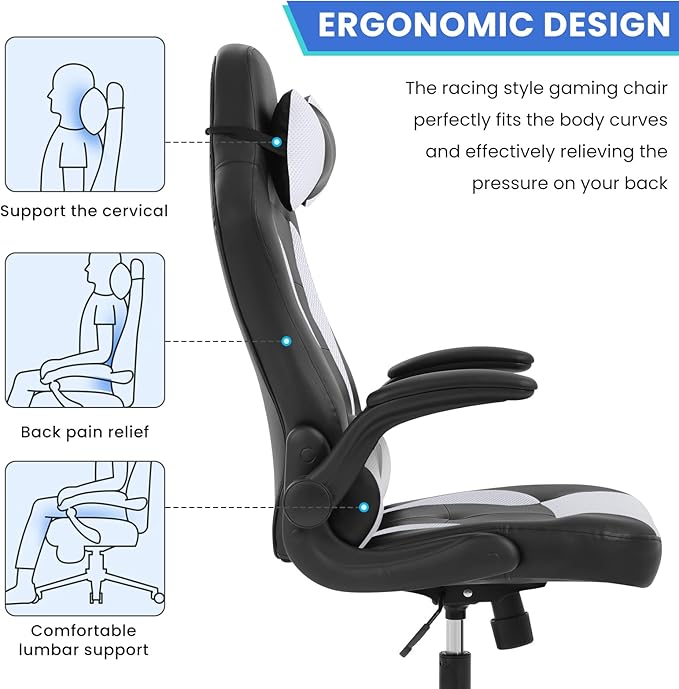 Gaming Chair PU Leather Computer Chair with Flip-up Armrest and Lumbar Support Ergonomic High Back Home Office Chair Comfy Video Game Chair for Home Bedroom White
