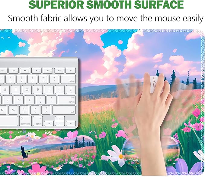 ARTSO Keyboard Wrist Rest Large Mouse Pad Wrist Support 4 in 1 Memory Foam Keyboard Pad Desk Mat Set Ergonomic Wrist Rest Cushion for Home Office Gaming-Cat and Flower Sea