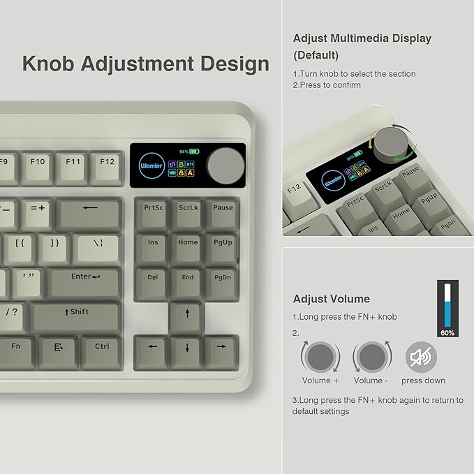 Womier Retro 75% Gaming Keyboard with OLED Display&ampKnob M87 Pro Bluetooth 5.1/2.4GHz /USB-C Wireless Mechanical Keyboard with Hot-Swappable Custom Switch Compact Gamer RGB Keyboard-Grey