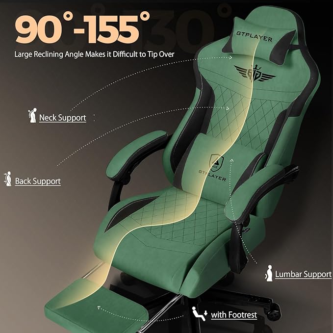 GTPLAYER Gaming Chair with Footrest Big and Tall Game Chair High Back Computer Office Chair with Lumbar Support for Adults Ergonomic Swivel Games Chair with Cushion Gaming Fabric Green