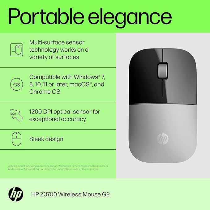 HP Z3700 G2 Wireless Mouse - Natural Silver Sleek Portable Design fits Comfortably Anywhere 2.4GHz Wireless Receiver Blue Optical Sensor Wins PC Laptop Notebook Mac Chromebook (66Z09AA#ABL)