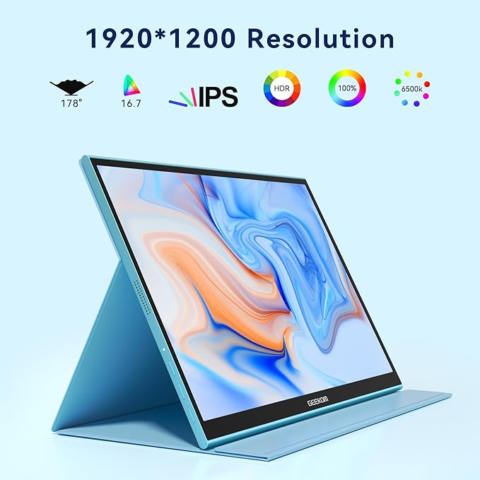 GEEKOM Portable Monitor（2026） 16'' 1200P FHD Laptop Monitor USB C HDMI Computer Display HDR Eye Care External Screen w/Smart Cover for PC Mac Laptop Phone